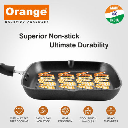 Orange Aluminum Die-Cast | Non Stick Square Grill Pan with Long Handle | Griller | Black | Gastop Compatible