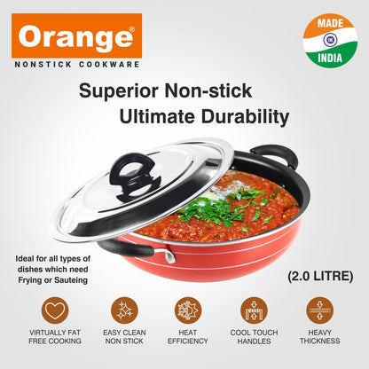 Orange 2.6MM Series Non-Stick Deep Kadai/Sabzi Kadai/Halwa Kadai/Fried Rice Kadai/ With Stainless Steel Lid