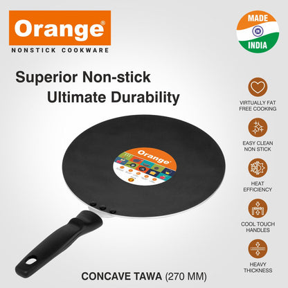 Orange - 3.2MM Series Non-Stick | Concave Tawa/Chapati Tawa/Paratha Tawa | 270mm/27cm | Sturdy Handle