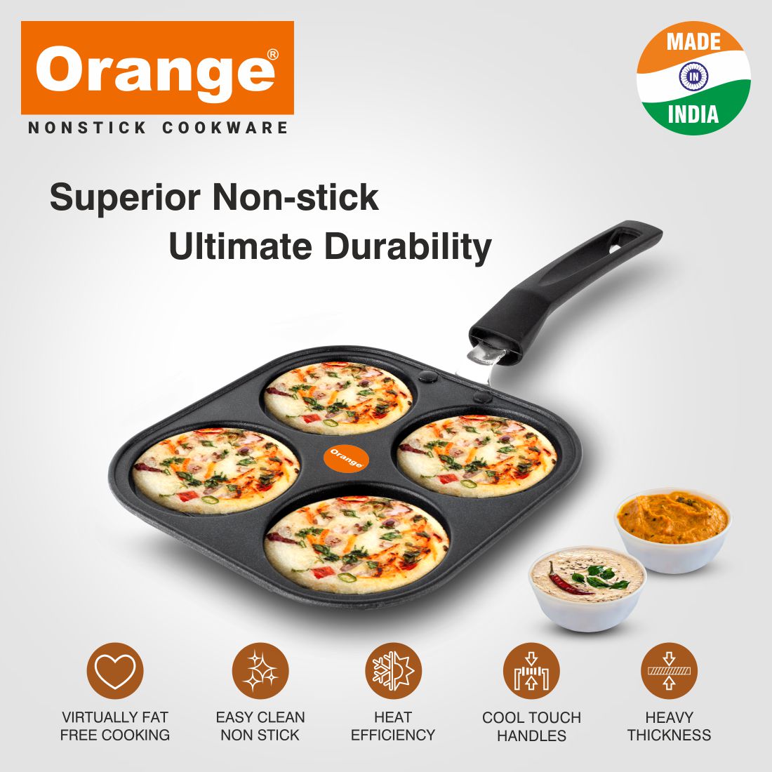 Orange Aluminium Die-Cast Non-Stick Mini Uttappa/Pan Cake/Mini Pizza/Mini Chillas Tawa | 4Bowl