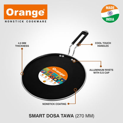 Orange Aluminium 4.0MM  Series Non-Stick Smart Dosa Tawa/Flat Tawa/Paratha Tawa, 27cm Diameter | 4mm Thickness Elegant Series | Gas top Compatible with Riveted Handle (270 mm, Black)