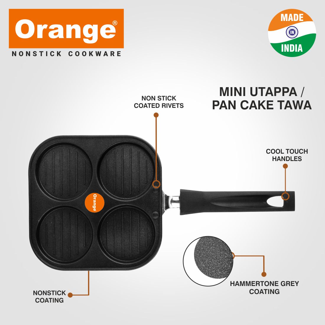 Orange Aluminium Die-Cast Non-Stick Mini Uttappa/Pan Cake/Mini Pizza/Mini Chillas Tawa | 4Bowl