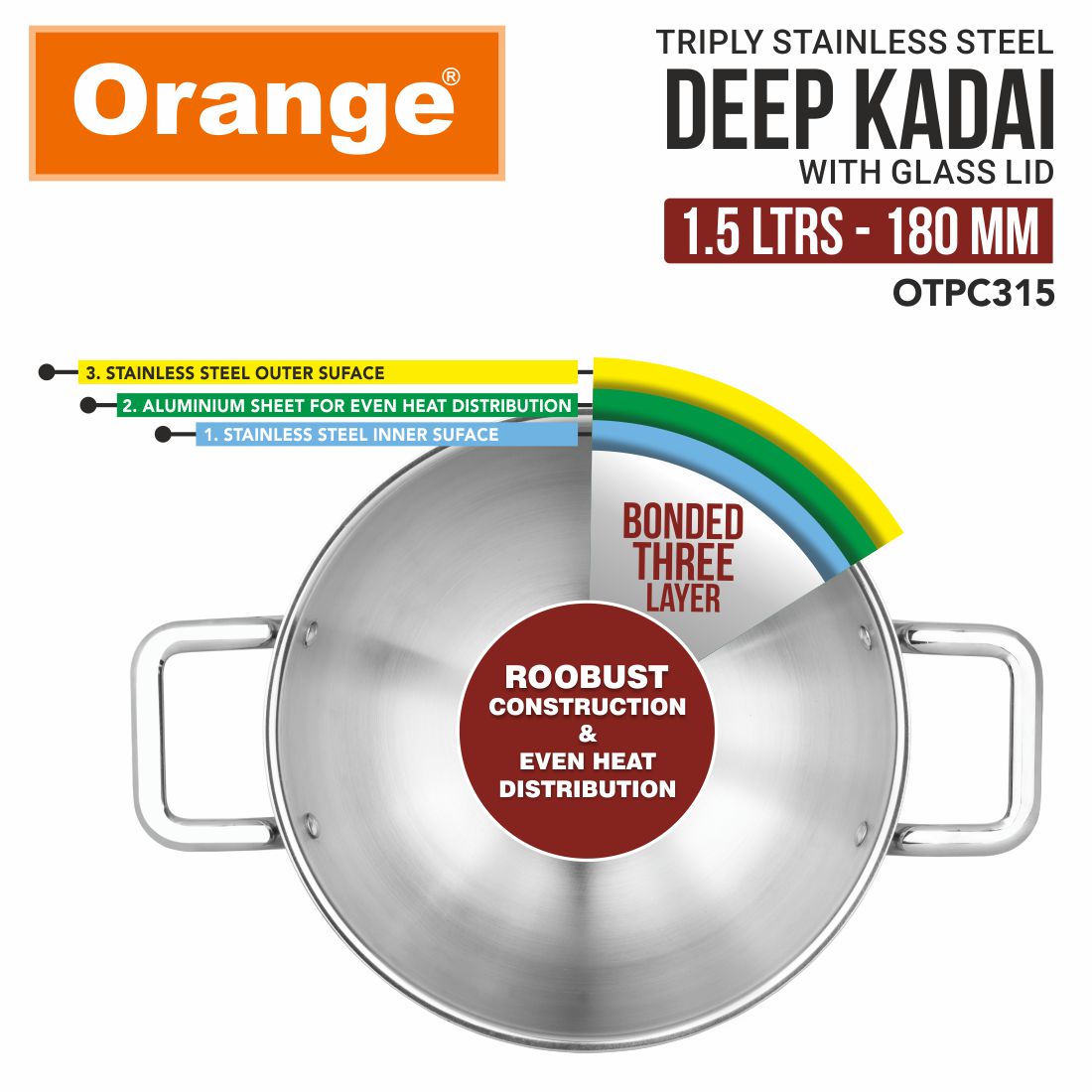 Orange Triply Stainless Steel Deep Kadai with Glass Lid