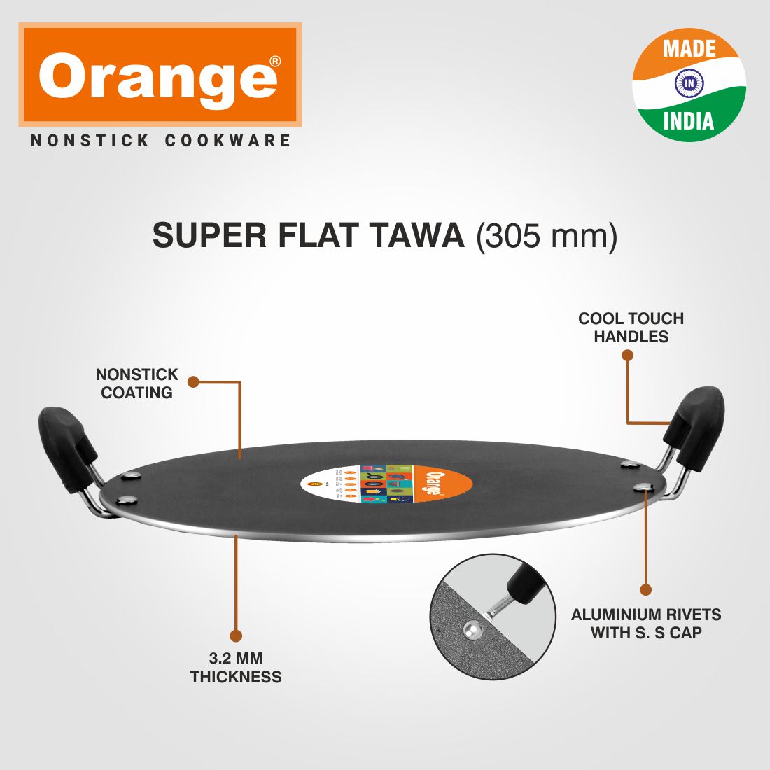 Orange 3.2MM Series Aluminium Non-Stick Super Flat Multipurpose Tawa | Cool Touch Sturdy Handle | Elegant Tawa with Free Nylon Spatula & Scrubber | Black