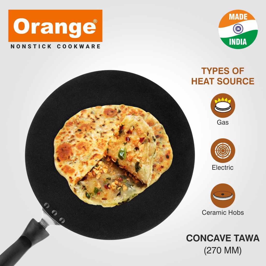 Orange - 3.2MM Series Non-Stick | Concave Tawa/Chapati Tawa/Paratha Tawa | 270mm/27cm | Sturdy Handle