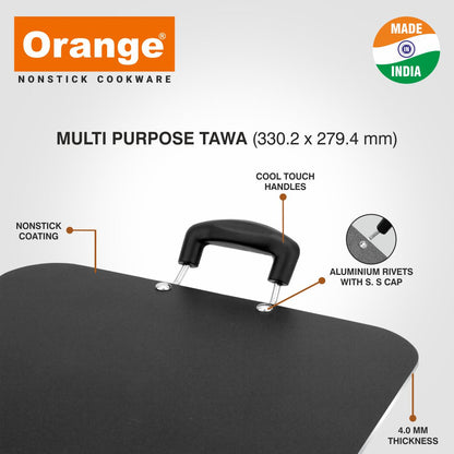 Orange 4.0MM Series Aluminium Non-Stick Multipurpose Tawa | Dosa Tawa | Paratha Tawa with Cool Touch Handle, 4MM Elegant Tawa 33.02 CM Diameter with Free Nylon Spatula & Scrubber | Black