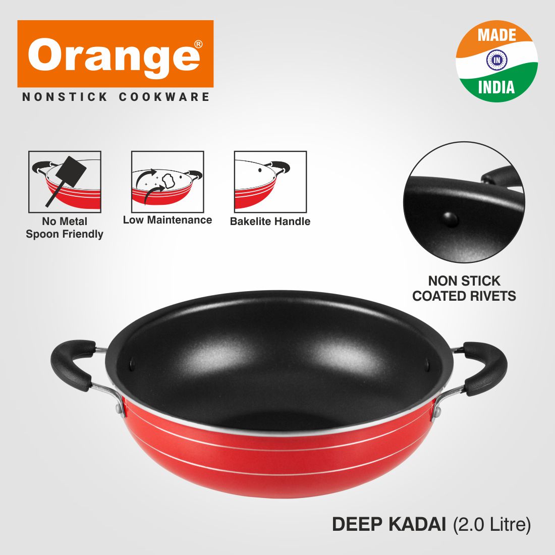 Orange 2.6MM Series Non-Stick Deep Kadai/Sabzi Kadai/Halwa Kadai/Fried Rice Kadai/ With Stainless Steel Lid