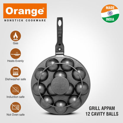 Orange Aluminium Die-Cast Series 12 Cavity Grill Appam Patra | Paniyarakkal | with Glass Lid | Sturdy Cool Touch Handle