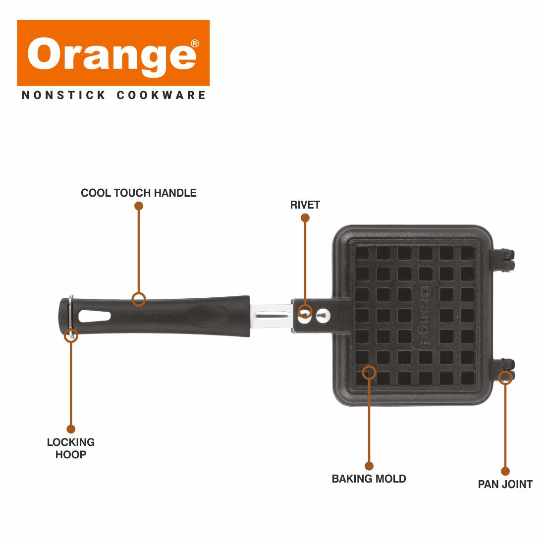 Orange Aluminium Die-Cast Series Non-Stick | Heavy Thickness Waffle Maker/Toast Sandwich Maker | With Cool Touch Handle | Free Nylon Tongs & Scrubber | Jumbo Bread | Non Electric Waffle/Sandwich Maker | Gas Stove Compatible | Black (Waffle Maker)