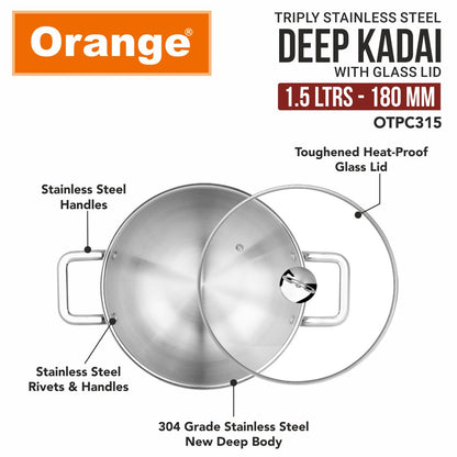 Orange Triply Stainless Steel Deep Kadai with Glass Lid