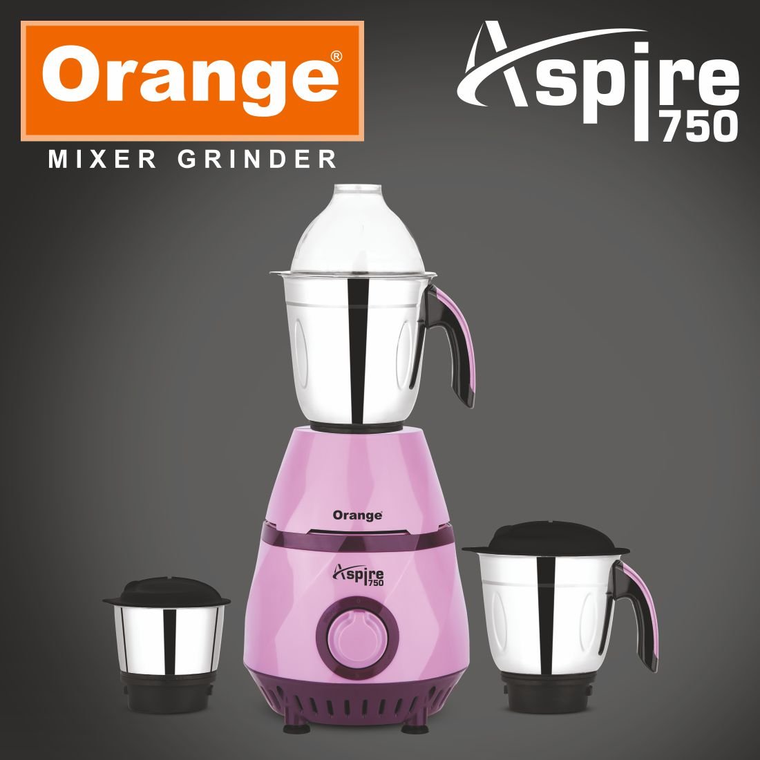 Orange 750 Watt Mixer Grinder Aspire 100 Copper Heavy Duty Motor with 3 virgin unbrakable SS coil Jars 1 Wet Jar 1 Dry Jar and 1 Chutney Jar