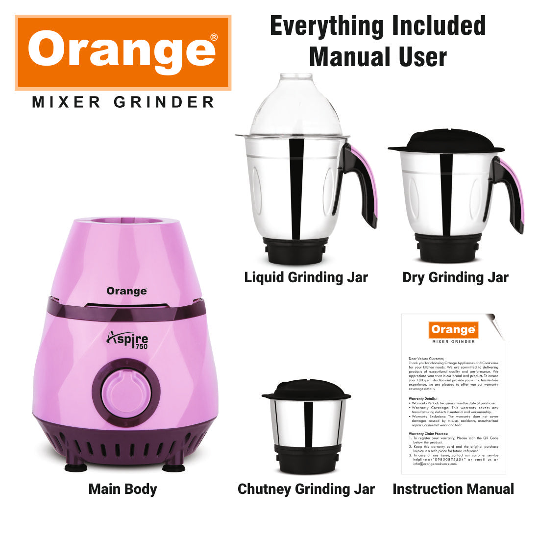 Orange 750 Watt Mixer Grinder (Aspire) 100% Copper Heavy Duty Motor with 3 virgin & unbrakable SS coil Jars (1 Wet Jar, 1 Dry Jar and 1 Chutney Jar) | SS Blades | 2 Year Motor Warranty | Black Color