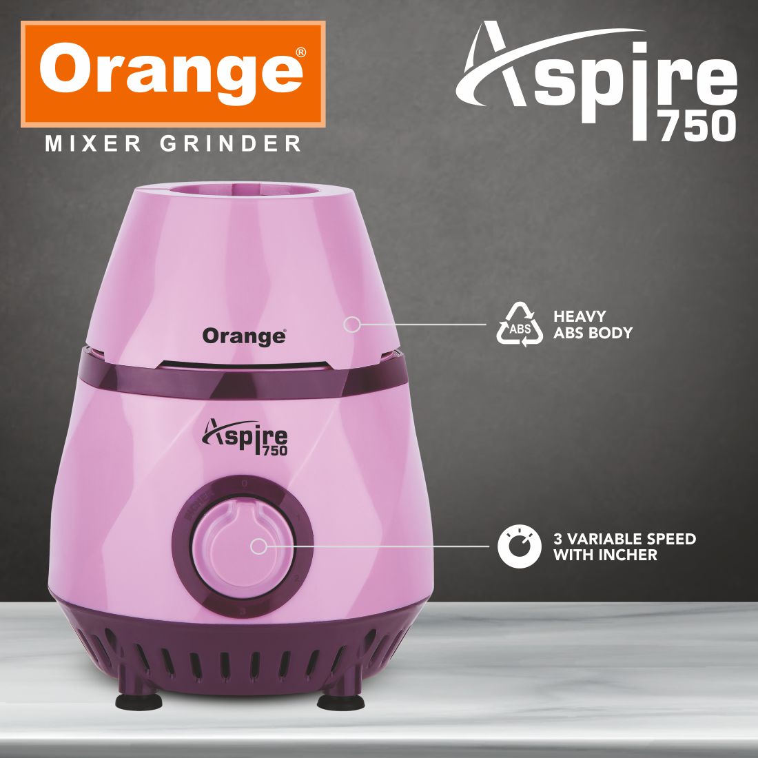 Orange 750 Watt Mixer Grinder (Aspire) 100% Copper Heavy Duty Motor with 3 virgin & unbrakable SS coil Jars (1 Wet Jar, 1 Dry Jar and 1 Chutney Jar) | SS Blades | 2 Year Motor Warranty | Black Color