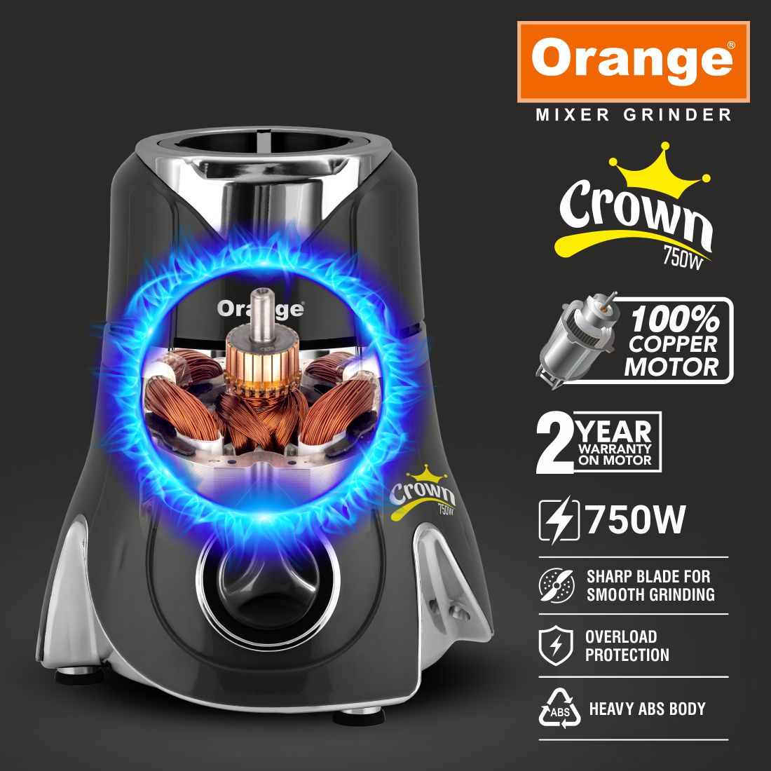 Orange 750 Watt Mixer Grinder Crown | 100% Copper With Heavy Duty Motor | 3 virgin & unbrakable SS Coil Jars(1 Wet,1 Dry & 1 Chutney Jar) Stainless Steel Blades | 2 Year Motor Warranty | Black Color
