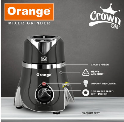 Orange 750 Watt Mixer Grinder Crown | 100% Copper With Heavy Duty Motor | 3 virgin & unbrakable SS Coil Jars(1 Wet,1 Dry & 1 Chutney Jar) Stainless Steel Blades | 2 Year Motor Warranty | Black Color