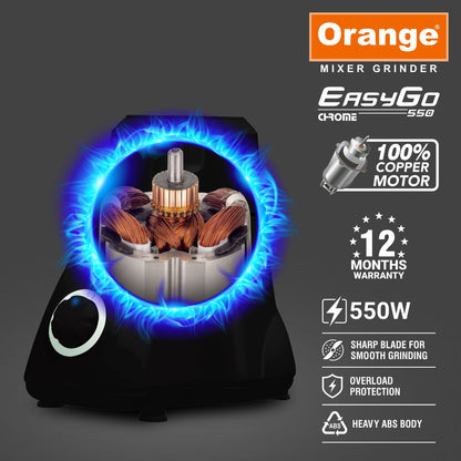 Orange 550 Watt Mixer Grinder EasyGo, 100% Copper Motor,with 2 virgin & unbrakable SS coil Jars(1 Big Jar and 1 Chutney Jar) | Stainless Steel Blades | 2 Year Motor Warranty | Black Color