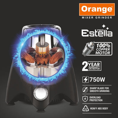 Orange 750 Watt Mixer Grinder Estella, 100% Copper Motor, with 3 virgin & unbreakable SS coil Jars(1 Wet Jar, 1 Dry Jar and 1 Chutney Jar) | Stainless Steel Blades | 2 Year Motor Warranty | Black Color