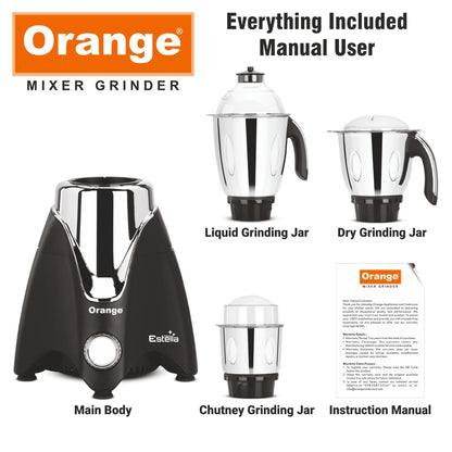 Orange 750 Watt Mixer Grinder Estella, 100% Copper Motor, with 3 virgin & unbreakable SS coil Jars(1 Wet Jar, 1 Dry Jar and 1 Chutney Jar) | Stainless Steel Blades | 2 Year Motor Warranty | Black Color