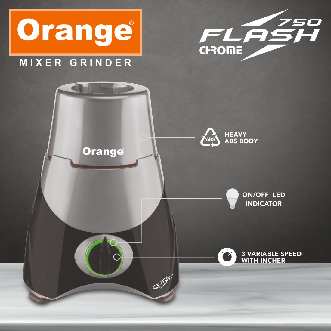 Orange 750 Watt Mixer Grinder Flash | 100% Copper With Heavy Duty Motor | 3 Virgin & Unbreakable SS Coil Jars (1 Wet, 1 Dry &1 Chutney Jar) | Stainless Steel Blades | 2 Year Motor Warranty | Black