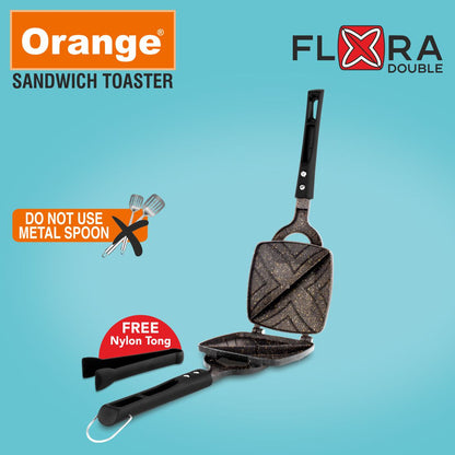 Orange Aluminium Die-Cast Series Non-Stick Flora Shape Sandwich Maker With Cool Touch Sturdy Handle | Free Nylon Tongs & Scrubber | Non-Electric Sandwich Maker | Gas Stove Compatible | Black
