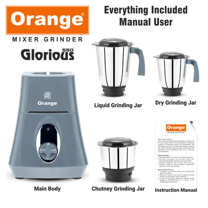 Orange 550 Watt Mixer Grinder Glorious 100% Copper Heavy Duty Motor With 2 Virgin & Unbrakable SS Coil Jars(1 Big Jar & 1 Chutney Jar) | Stainless Steel Blades | 2 Years Motor Warranty | Grey Color