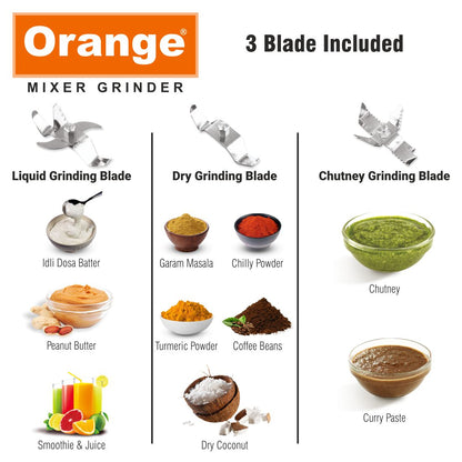 Orange 550 Watt Mixer Grinder Glorious 100% Copper Heavy Duty Motor With 2 Virgin & Unbrakable SS Coil Jars(1 Big Jar & 1 Chutney Jar) | Stainless Steel Blades | 2 Years Motor Warranty | Grey Color