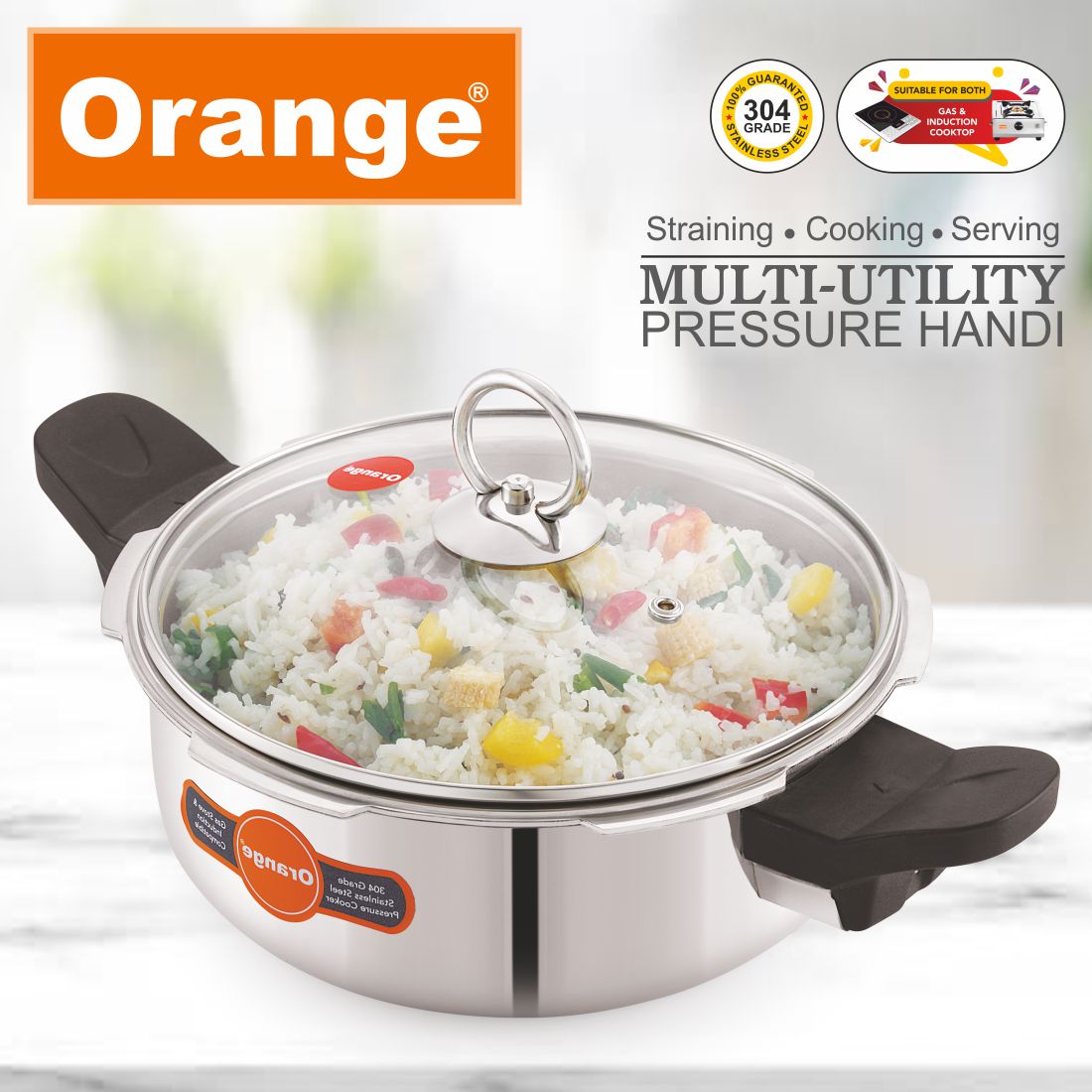 Orange Triply Stainless Steel Multi-Utility Outer lid All In One Pressure Cooker Handi