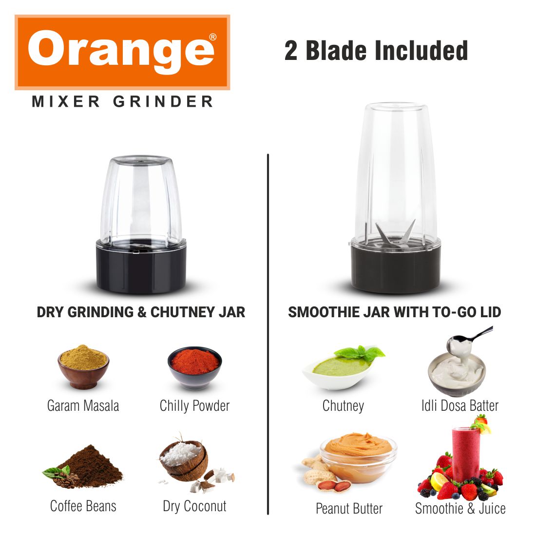 Orange Nexo Series 2 Jar Nutra Pro 450Watts Mixer Grinder | 1Year Copper Motor Warranty | Black