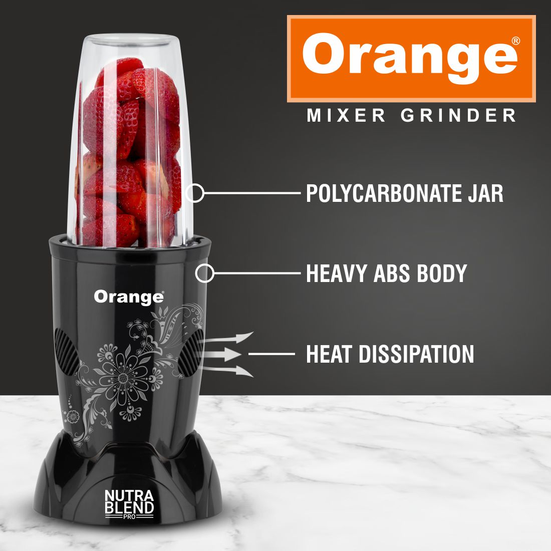 Orange Nexo Series 3 Jar Nutra Pro 450 Watts Mixer Grinder | 1Year Copper Motor Warranty | Black