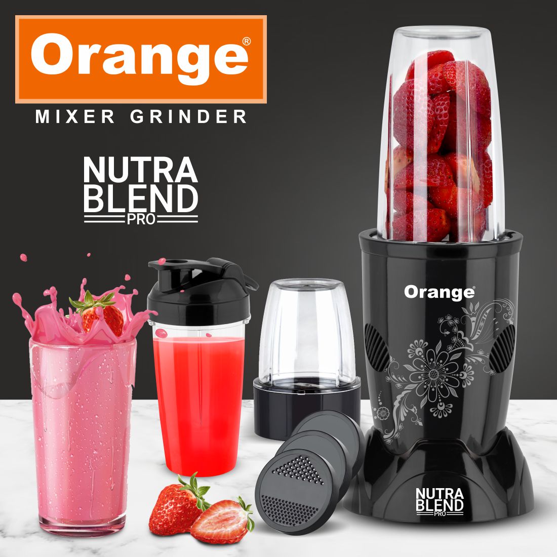 Orange Nexo Series 3 Jar Nutra Pro 450 Watts Mixer Grinder 1Year Cop Orange Cookware