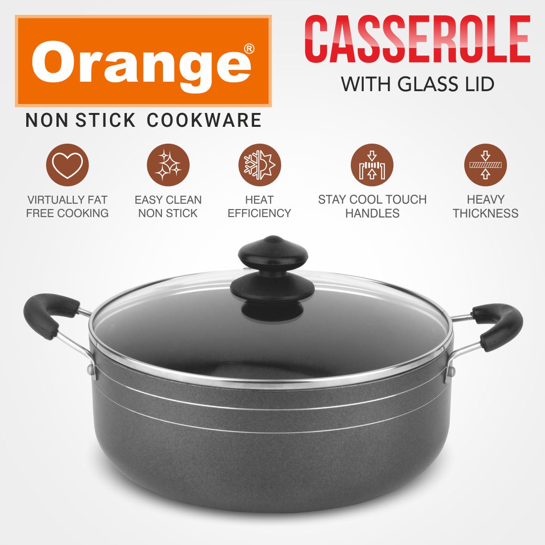 Orange 2.6MM Series Non-Stick Cook & Serve Casserole/Kadai with Glass Lid | Free Nylon Spatula & Scrubber