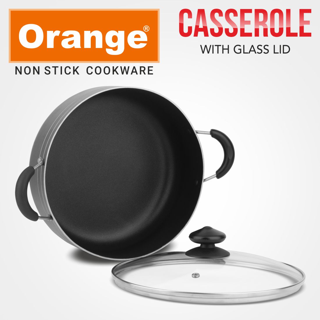 Orange 2.6MM Series Non-Stick Cook & Serve Casserole/Kadai with Glass Lid | Free Nylon Spatula & Scrubber