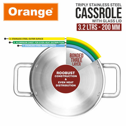 Orange Stainless Steel Triply Cook & Serve Casserole/Biryani Pot/Kadai/Handi