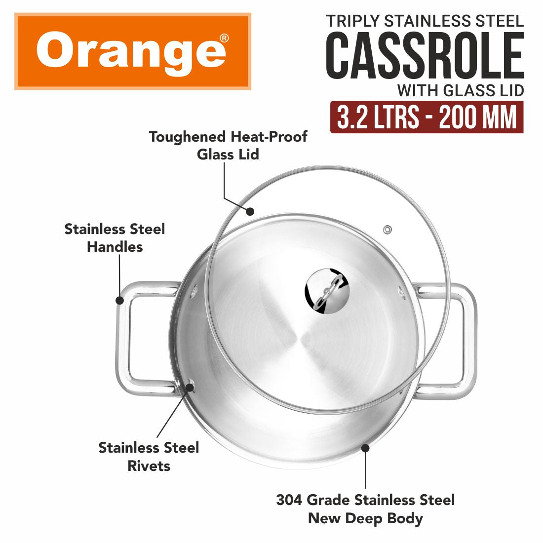 Orange Stainless Steel Triply Cook & Serve Casserole/Biryani Pot/Kadai/Handi