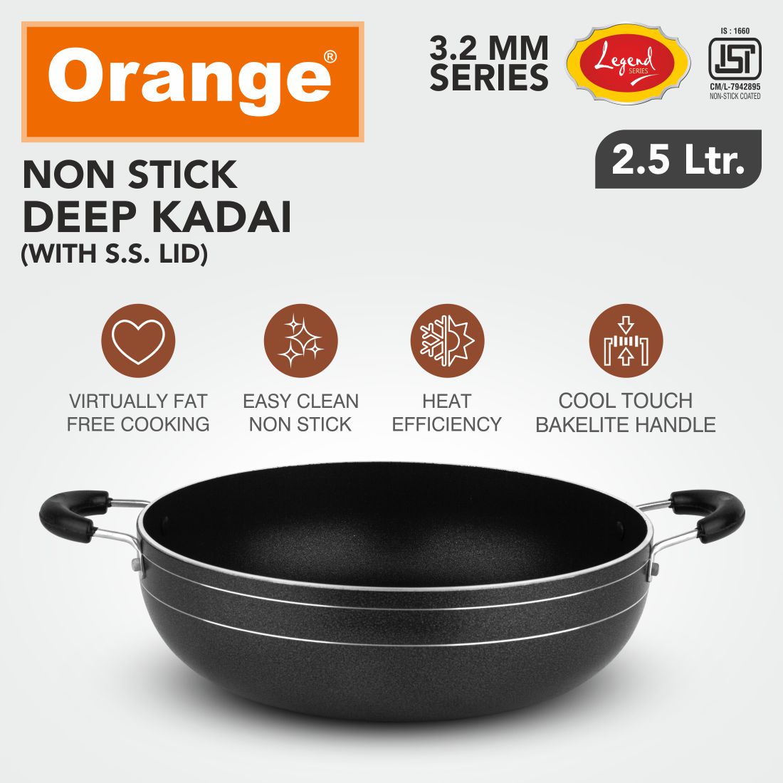 Orange 3.2MM Series Non-Stick Deep Kadai/Sabzi Kadai/Halwa/Fired Rice/Kadi With Glass Lid | Heavy Thickness | Cool Touch Backlit Handles
