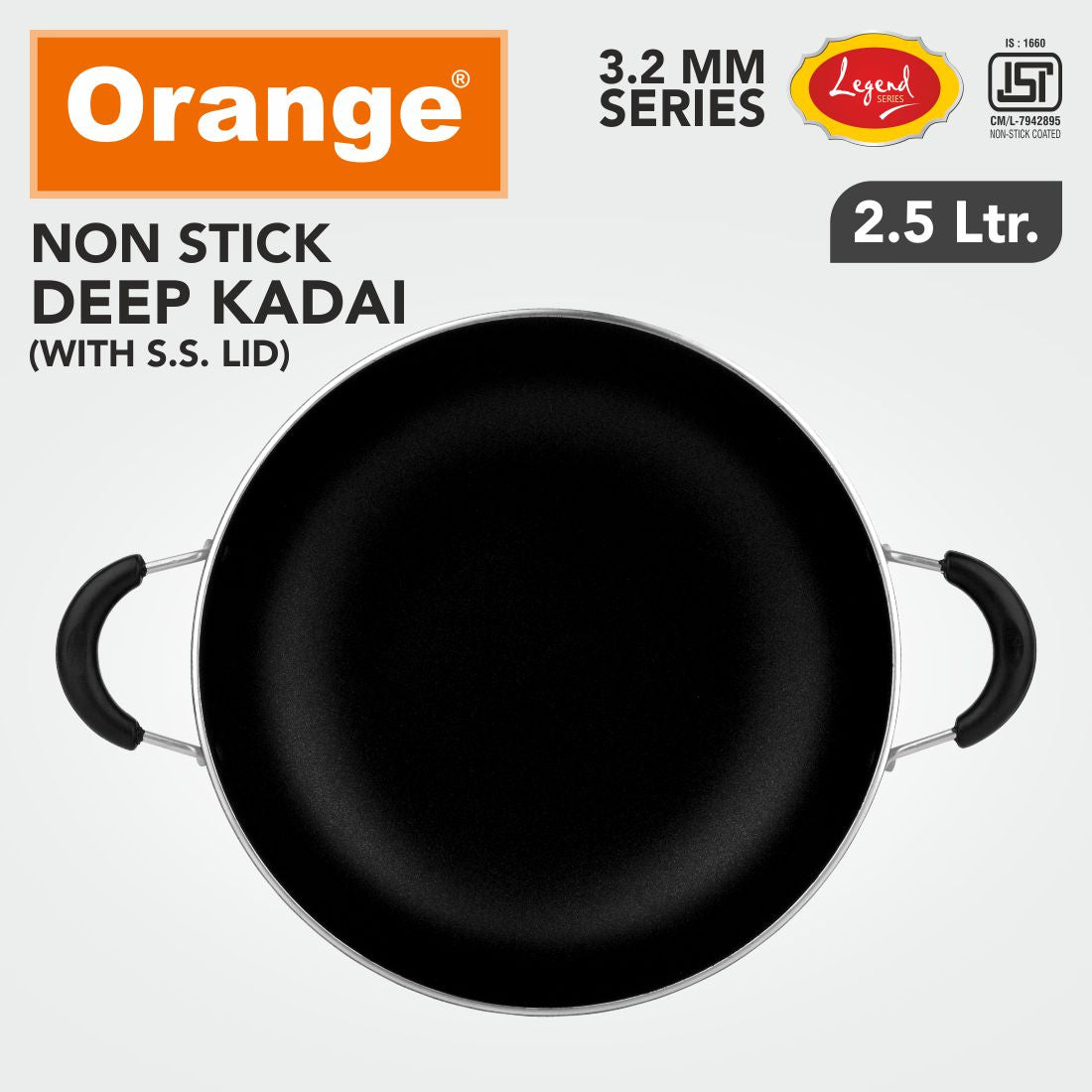 Orange 3.2MM Series Non-Stick Deep Kadai/Sabzi Kadai/Halwa/Fired Rice/Kadi With Glass Lid | Heavy Thickness | Cool Touch Backlit Handles