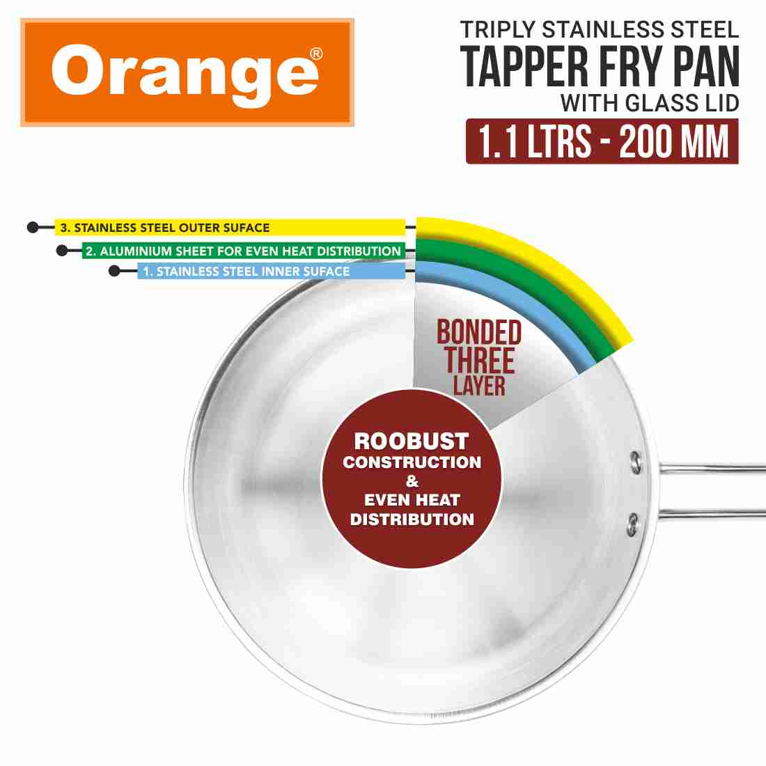 Orange Triply Stainless Steel Fry Pan/Kadai with Riveted Cast Long Handle with Glass Lid