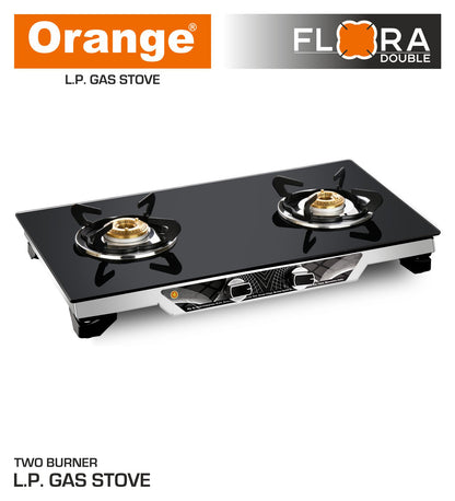 Orange Flora 2 Burner With Glass Top | Gas Stove | Stainless Steel | Double Drip Tray With 4 Way Locking Pansupports