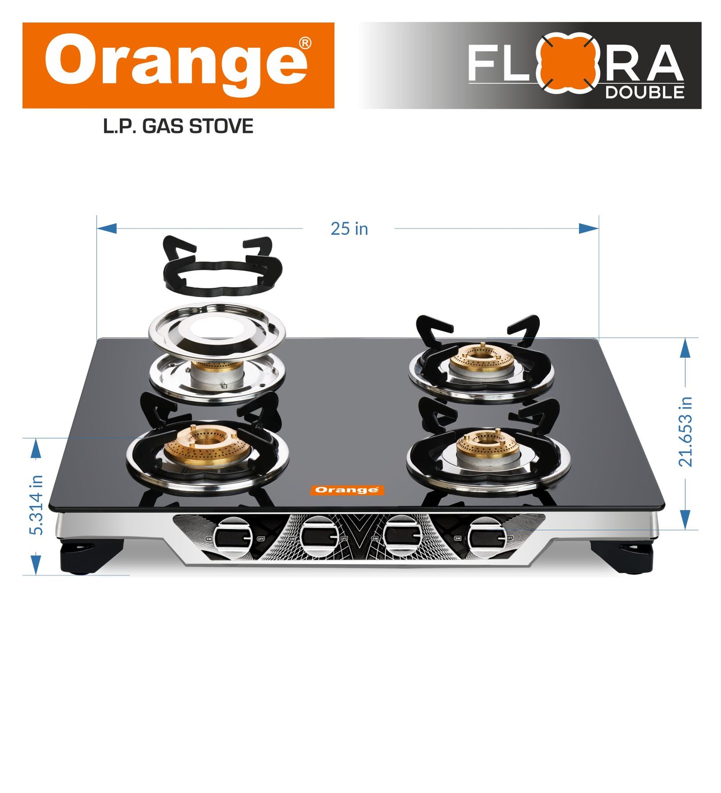 Orange Flora 4 Burner With Glass Top | Gas Stove | Stainless Steel | Double Drip Tray With 4 Way Locking Pansupports