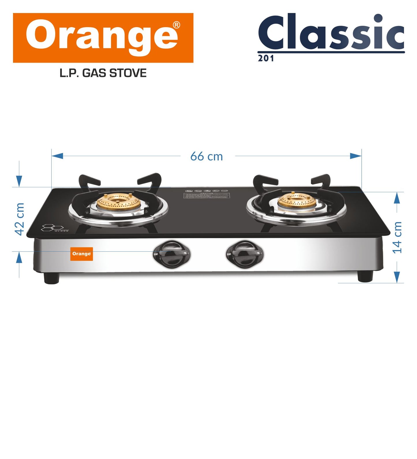 Orange Classic 2 Burner With Glass Top Gas Stove Black Stainless Steel