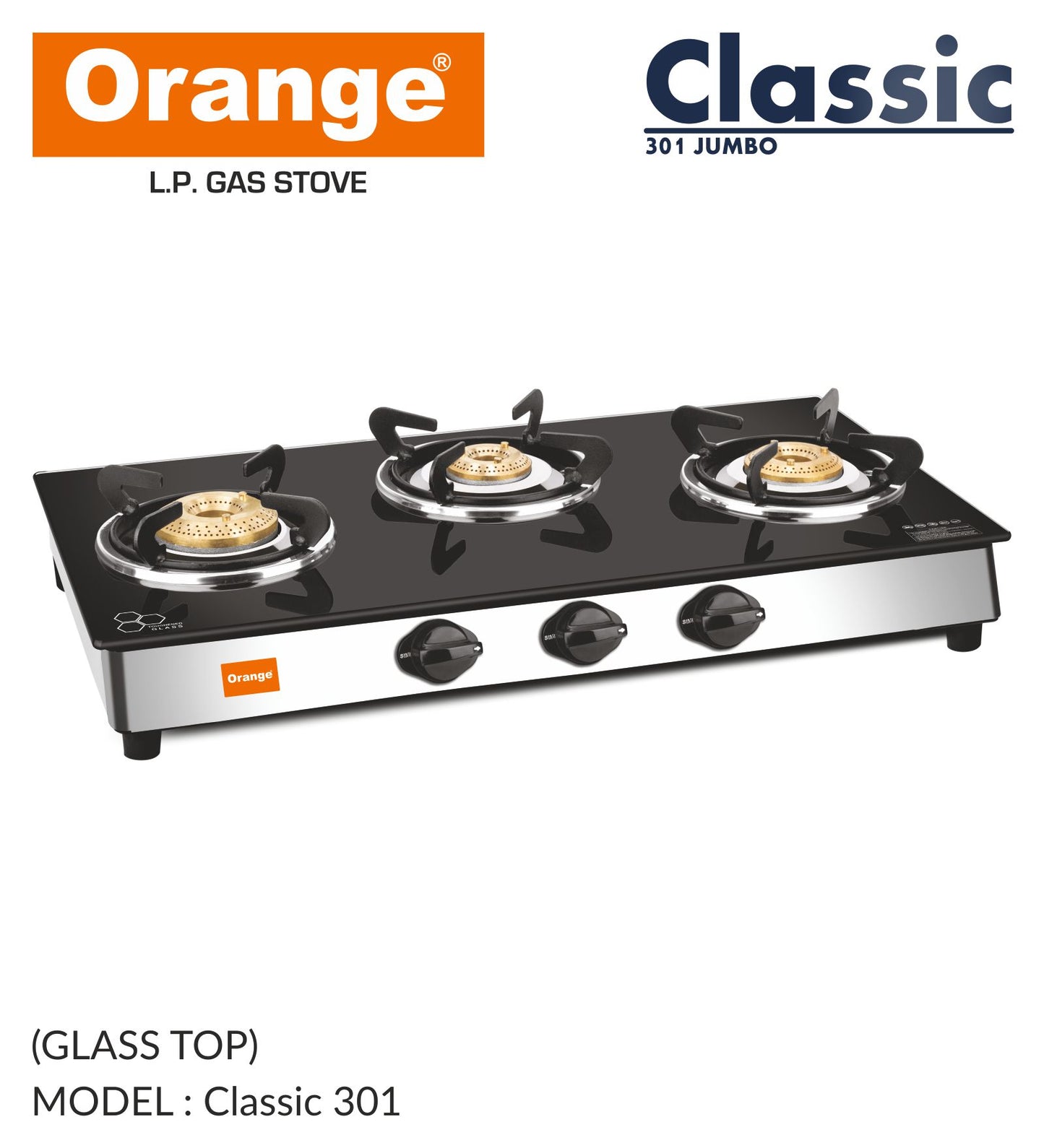 Orange Classic 3 Burner With Glass Top Gas Stove Black Stainless Steel