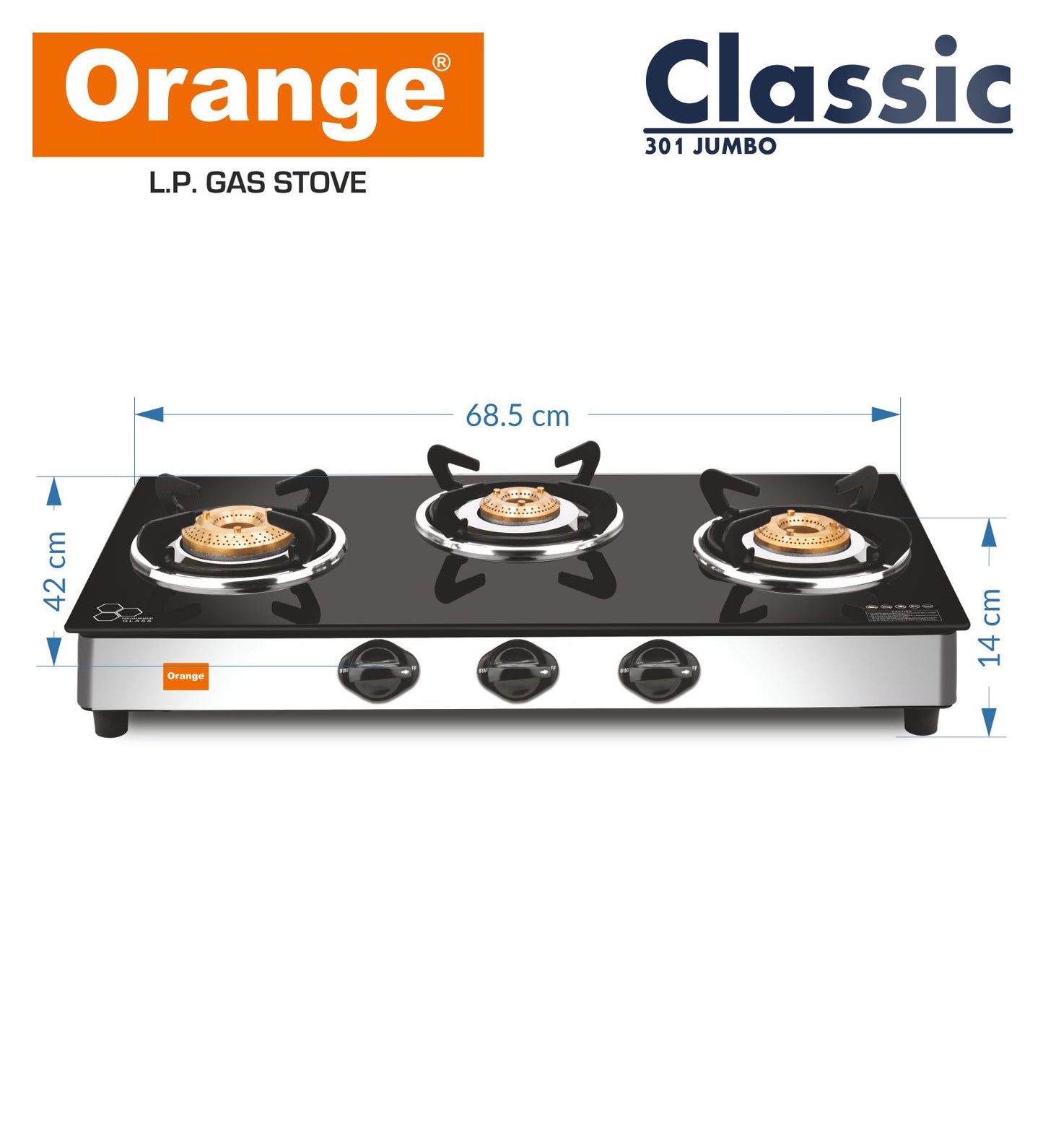 Orange Classic 3 Burner With Glass Top Gas Stove Black Stainless Steel