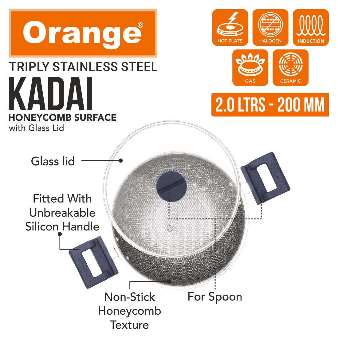 Orange Triply Stainless Steel Honeycomb Deep Kadai with Glass Lid
