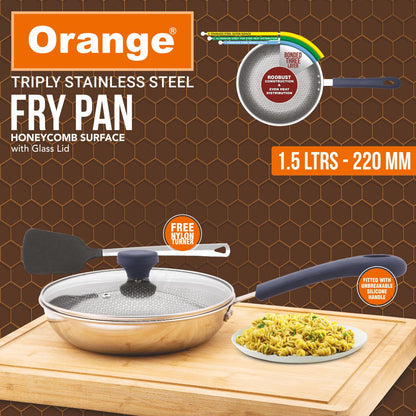 Triply Stainless Steel Honeycomb Fry Pan with Long Handle