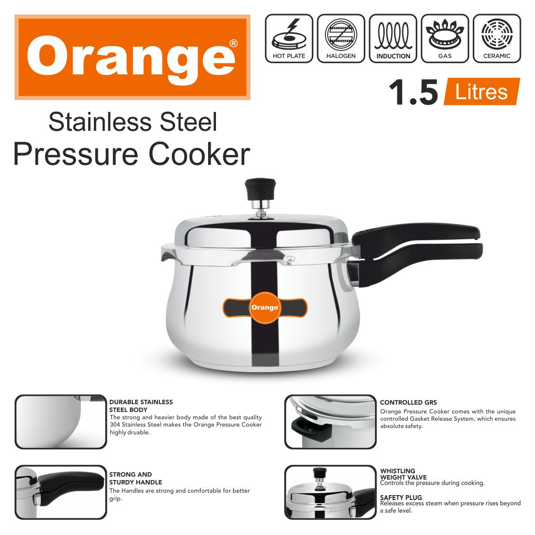 Orange Triply Stainless Steel Outer Lid Pressure Cooker Handi With Toughened Glass Lid