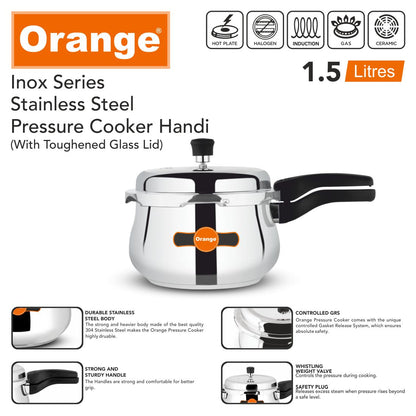 Orange Inox Series Stainless Steel Outer Lid Pressure Cooker Handi With Toughened Glass Lid