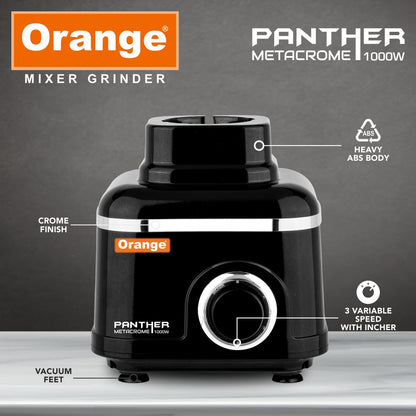 Orange Panther 1000 Watt Mixer Grinder |100% Copper Heavy Duty Motor | 4 Virgin & Unbrekable SS Coil Jars(1 Wet Jar, 1 Dry Jar,1 Chutney Jar & Juicer Jar) 2 Year Motor Warranty | Black Color