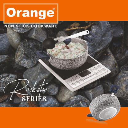 Orange Stone Finish Nonstick Heavy coated Rockstar Casserole With Toughened Glass Lid 220mm