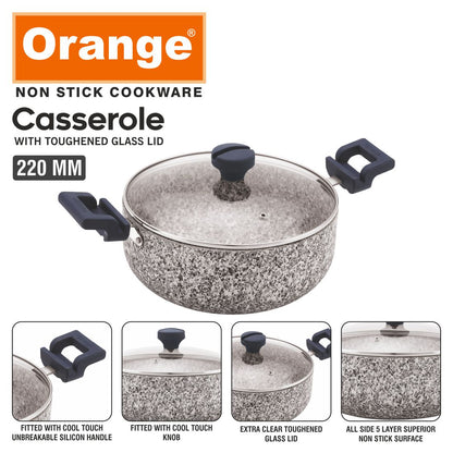 Orange Stone Finish Nonstick Heavy coated Rockstar Casserole With Toughened Glass Lid 220mm