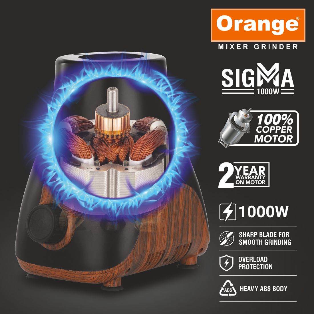 Sigma 1000 Watts Mixer Grinder, Woody Finish